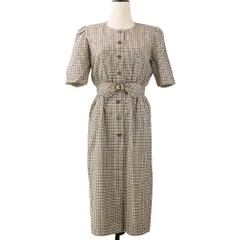 美品 Aquascutum アクアスキュータム ヴィンテージ チェック リネンブレンド ベルテッド 半袖 ロング ワンピース 9 カーキ ブラウン レディース 古着 中古 USEDのサムネイル