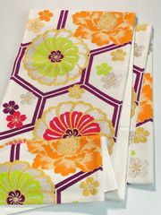 未使用品 花模様織り出し袋帯 振袖 芯なし 長尺 マルチカラー 金銀糸 