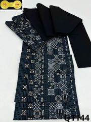 m458 イカット　黒地　正絹　名古屋帯 イカット インドネシア 八寸名古屋帯 松葉仕立て 藍 絣 正絹 Q814