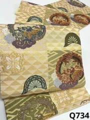 唐織 龍 袋帯 変わり市松 金糸 正絹 六通 Q734のサムネイル