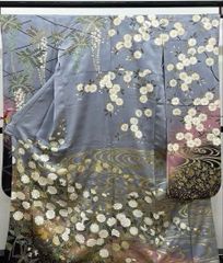 D971訪問着 友禅 金駒刺繍 花模様 正絹 着物 袷 しつけ糸付き未使用極