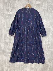 マーブルシュッド 総柄 ワンピース 刺繍 ネイビー リス リーフ 青 膝下