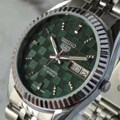 稼働品 SEIKO セイコー5 自動巻き 80s ヴィンテージ グリーン文字盤 格子模様 ステンレスベルト デイデイト 裏スケのサムネイル