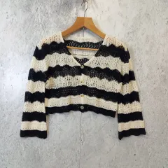 by muni:r バイ ムニール カーディガン ショート丈 ニット ボーダー Vネック ホワイト ブラック Fサイズ ◎_〇□のサムネイル