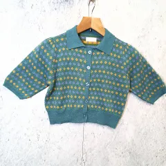 nemne store ネンネストア カーディガン サマーポロニット ショート丈 半袖 ジャガード編み グリーン Fサイズ ◎_〇□のサムネイル
