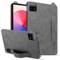 【新品】 Xiaomi Pad 6 対応ケース タブレットホルダー 片手持ち 落下防止 簡単脱着 シャオミ Pad 6 対応 ベルト付き ハンドベルト スタンド機能 PUレザーとTPU 薄型 軽量 タブレットケース,グレー 1のサムネイル