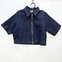 ZARA ザラ クロップド デニム ジャケット シャツ 半袖 フルジップ ネイビー Mサイズ ◎_〇□☆