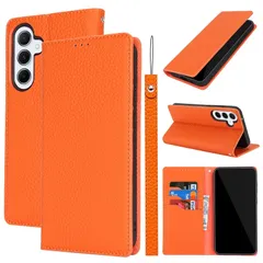[신제품] Zouzt Galaxy S25 케이스, 노트북 유형 가죽, TPU, 소가죽, 천연 가죽, 스트랩이 달린 카드 수납 스탠드, 자석, 충격 방지, 오렌지