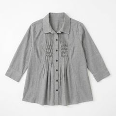 Three-quarter sleeve blouse, gray, solid color, size L, front shirring, women's clothing, Samansa Mos2 style.