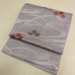 名古屋帯】夏帯 開き仕立て 洗える 銀糸 流水に草葉柄 京藤色 薄物