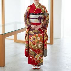 成人式正絹振袖フルセット草履バック 色無地 赤 花丸文 刺繍 逸品 人気 