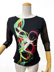 JOAN】新品 M 社交ダンス花柄トップス 背面華やかプリント赤黒109
