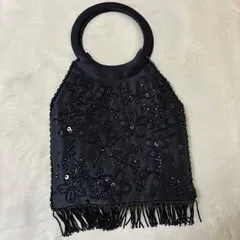 ヨンドシー　４℃　ビーズ花柄フリンジ サークルハンドル　ブラックサテンナイロン　ハンドバック　パーティーバックのサムネイル