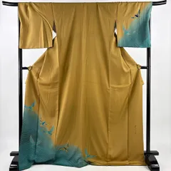 付下げ 身丈172cm 裄丈70cm L 袷 斉藤三才 落款 鳥 波 金彩 黄土色 正絹 名品 【中古】のサムネイル