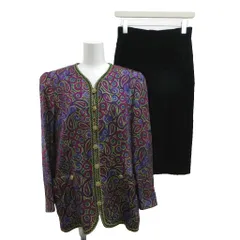 ハーディエイミス HARDY AMIES ブティック BOUTIQUE セットアップ 上下 ノーカラージャケット ペイズリー柄 総裏地 肩パッド タイトスカート ベロア ひざ丈 11 L 紫 パープル 緑 グリーン /XZ ■ECA006のサムネイル