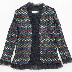 Christian Dior クリスチャンディオール ノーカラージャケット スパンコール フリル レース ヴィンテージ ポリエステル シルク ブラック レディース 11号 b01910のサムネイル