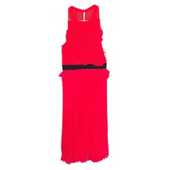   【美品】BCBG MAXAZRIA  ビーシービージーマックスアズリア  ノースリーブワンピース、ポリエステル、ラウンドネック フロントティアードフリル ウエストブラック 黒 プリーツスカート 赤 レッド・サイズUS2/M 実寸：総丈110【MAN6】のサムネイル
