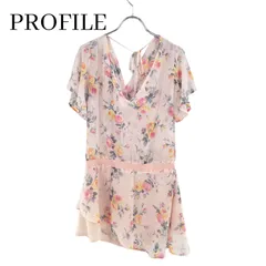 【美品】PROFILE プロフィール チュニック ワンピース 半袖 シフォン 花柄 ウエストゴム シャーリング アシンメトリーヘム 透け感 バックシャン フェミニン ピンク系 38のサムネイル