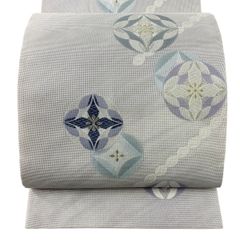 美品】 袋帯 秀品 川島織物 落款 関西仕立て 幾何学模様 金銀糸 銀色