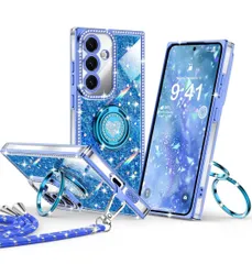 ★Rockaway 互換性 Galaxy S25用 ケース S24用 ケース SC-51F SCG31 ダブルリングハートスタンド ショルダー ストラップ付き キラキラ ラメ ラインストーン 耐衝撃 薄型 軽量 紐付き 肩掛け 斜めかけ かわいい ブルーのサムネイル