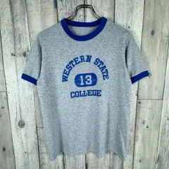 OLD unknown 80s ヴィンテージ グレー リンガーネック 染み込みプリント カレッジ 半袖 Tシャツ TEE