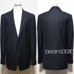 【ヴェルサーチコレクション】テーラードジャケット メンズ 52 XL 極美品 紺 黒 ネイビー シルク混 VERSACE COLLECTION シャドーストライプ 2B ピークドラペル 総裏地 センターベント ビジネス フォーマルのサムネイル