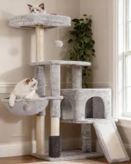 Heybly Cat Tower, 새끼 고양이와 노령고양이에게 안성맞춤, 울트라 슬림, 고정식, 공간 절약형, 등반하기 쉬움, 해먹, 천연 대마 로프를 사용한 손톱 깎기 보드, 높이 108cm, 라이트 그레이, HCT005SW