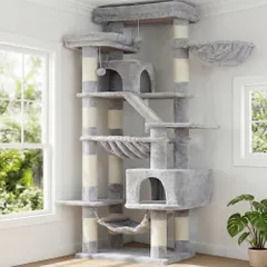 Heybly Cat Tower, 대형 고양이를 위한 완벽한 높이, 180cm, 고정식, 높은 안정성, 이중 천문대 포함, 더블 캣 하우스 포함, 행잉 베드 3개, 컴팩트한 디자인, 등반하기 쉬운, 다기능, 운동 부족 완화, 고양이 용품, 인기 있는 고양이 가구, 밝은 회색, HCT034W