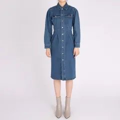 GUESS キムモンキー パフ袖 デニム ピンタック ロング丈ワンピース デニム シャツワンピースのサムネイル