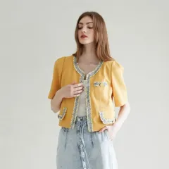 21年 EGOIST エゴイスト パフ 半袖 ツイード バイカラー ジャケット イエロー (Yellow) 夏 レディースのサムネイル
