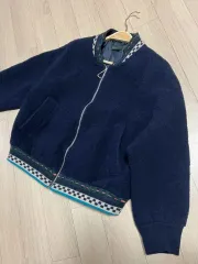 22年 BENETTON ニット バイカラー ウール ブークレ ショートジャケット ジップアップ アウター カーディガン ネイビー ブルゾンのサムネイル