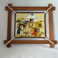 【中古品】モンゴル 伝統工芸 本革・皮絵 アートパネル 木製額装 壁掛けのサムネイル