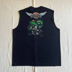 90s　vintage　SENOR FROGS　セニョールフロッグス　企業物　タンクトップ　ノースリーブカットソー　ウィング　翼ロゴ　カエル刺繍　バイカー蛙　両面ロゴプリント　ブラック　XXL　一点物　ストリート　グランジ　wing logo tank-top
