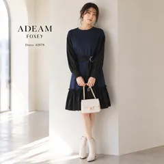 【未使用に近い / 上品に映える異素材デザイン】ADEAM FOXEY / アディアム フォクシー XS「7号相当」ネイビー×ブラック Dress 42078 ワンピース 裾ギャザーフリル コットンBLEND ストレッチ 学校行事 お食事会 ホテルランチのサムネイル