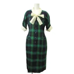 ハナエモリ HANAE MORI ワンピース 麻 リネン 9 緑 グリーン 紺 ネイビー チェック柄 ボウタイ 半袖 /NP ■ECA006のサムネイル