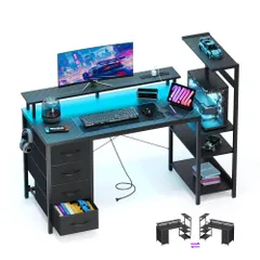 数量限定 ゲーミングデスク パソコンデスク 幅130cm LEDライト付き 電源コンセント/USBポート付き YOUDENOVA モニター台一体型 収納ラック付き 左右入れ替え可能 引き出し 収納棚 PCデスク オフィスデスク 勉強机 デスクワーク 省スペースのサムネイル