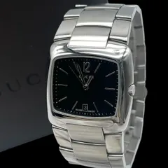 美品 新品電池 稼働品 GUCCI グッチ メンズ腕時計 8500M クォーツ QZ デイト 3針 SS スクエア型 黒文字盤 シルバー 箱付きのサムネイル