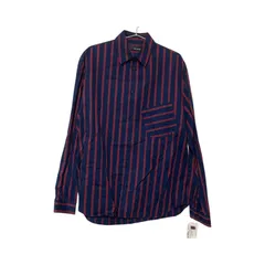  【美品】Band of Outsiders バンドオブアウトサイダーズ 長袖ストライプシャツ　紺　ネイビー　メンズ　Mサイズ　コットン混　胸ポケット　レギュラーカラー　ビッグシルエット　オシャレ　高級感【MAN24】のサムネイル