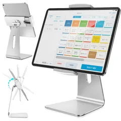 【新品】 AboveTEK iPad スタンド 卓上 タブレットスタンド タブレットホルダー レジ 受付 業務用 店舗用 キッチン オフィス 折り畳み 軽量 アルミ製 高さ＆角度調整 360°回転 滑り止め 充電対応 ケーブル収納 6-15.6インチ iP 0のサムネイル