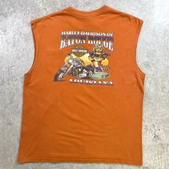HARLEY-DAVIDSON ハーレーダビッドソン モーターサイクル プリントタンクトップ 胸ポケ付 メンズL~XL相当 古着 BATON ROUGE LOUSIANA ルイジアナ タイガー バイク バイカー バックプリント 橙色