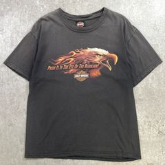 00年代 HARLEY-DAVIDSON ハーレーダビッドソン イーグル ファイヤーパターン モーターサイクル プリントTシャツ メンズL 古着 00s Y2K VINTAGE ヴィンテージ ワシ バイク フレーム バックプリント フェードブラック 黒色