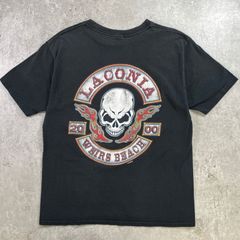 00年代 LACONIA WEIRS BEACH スカル バイクプリントTシャツ メンズL相当 古着 00s Y2K VINTAGE ヴィンテージ ファイアーパターン モーターサイクル バックプリント 黒色