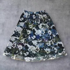 【美品】iS ScoLar イズスカラー 花柄 チュールスカート フレアスカート 膝丈 総柄 M 青 緑 ウエストゴム 透け感なし 裏地あり レディース ボタニカル フラワー 春夏秋 個性的 華やかのサムネイル
