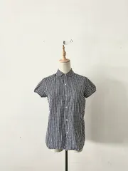 【美品】LE GLAZIK ギンガムチェック ラウンドカラー 半袖 シャツ サイズ36のサムネイル