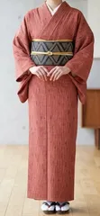 【中古　リサイクル　紬風】ウール 単衣 小紋 着物 中古　レンガ色 立湧文様 身丈166cm 裄65.3cm 普段着 カジュアル着物 お稽古 きもの単品 レディース シミ汚れなしのサムネイル