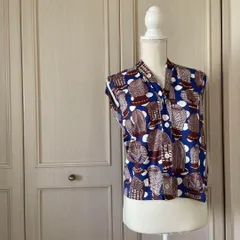 77 comme des GARCONS コムデギャルソン 総柄 ブラウス シャツ トップス　レディース　blouse　shirt　Tops　ladies　カットソー ヘアー　女性　個性的　ブルー 青 藍色 ネイビー 紺色　お呼ばれのサムネイル