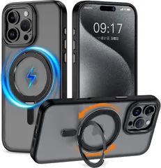 KMAMBNG iPhone 16 Pro Max 用 ケース 縦横両対応 リング 【多機能360度回転スタンド】MagSafe対応 ワイヤレス充電対応 半透明マット スマホケース 6.9インチ (ブラック, iPhone 16 Pro Max)