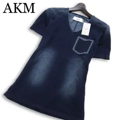 【新品 未使用】 AKM エイケイエム 春夏★ USED加工 半袖 Vネック インディゴ カットソー Tシャツ Sz.M メンズ ネイビーのサムネイル