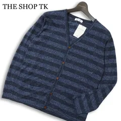 【新品 未使用】 THE SHOP TK タケオキクチ 春夏★ 麻 リネン混 ボーダー メランジ カーディガン Sz.M メンズ ネイビーのサムネイル