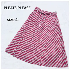 ■傷汚れなし■PLEATS PLEASE プリーツプリーズ　ロゴ総柄×ストライプ　プリーツスカート　フレア　日本製　イッセイミヤケ　ピンク×ライトグレー　春夏　裏地なし　ウエスト総ゴム　ウエストリボン　レディース　高級　ラグジュアリー　size4(L〜XL)のサムネイル